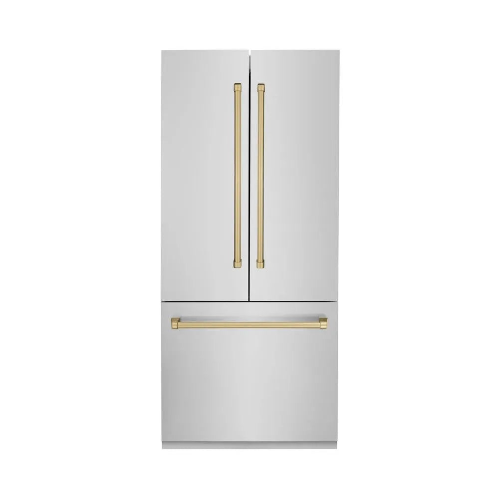 ZLINE Autograph Edition 36-inch refrigerator in stainless steel with bright white interior and champagne bronze accents RBIVZ-304-36-CB