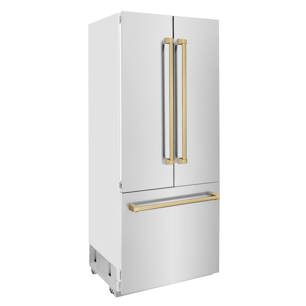 ZLINE Autograph Edition 36-inch refrigerator in stainless steel with bright white interior and champagne bronze accents RBIVZ-304-36-CB, side view