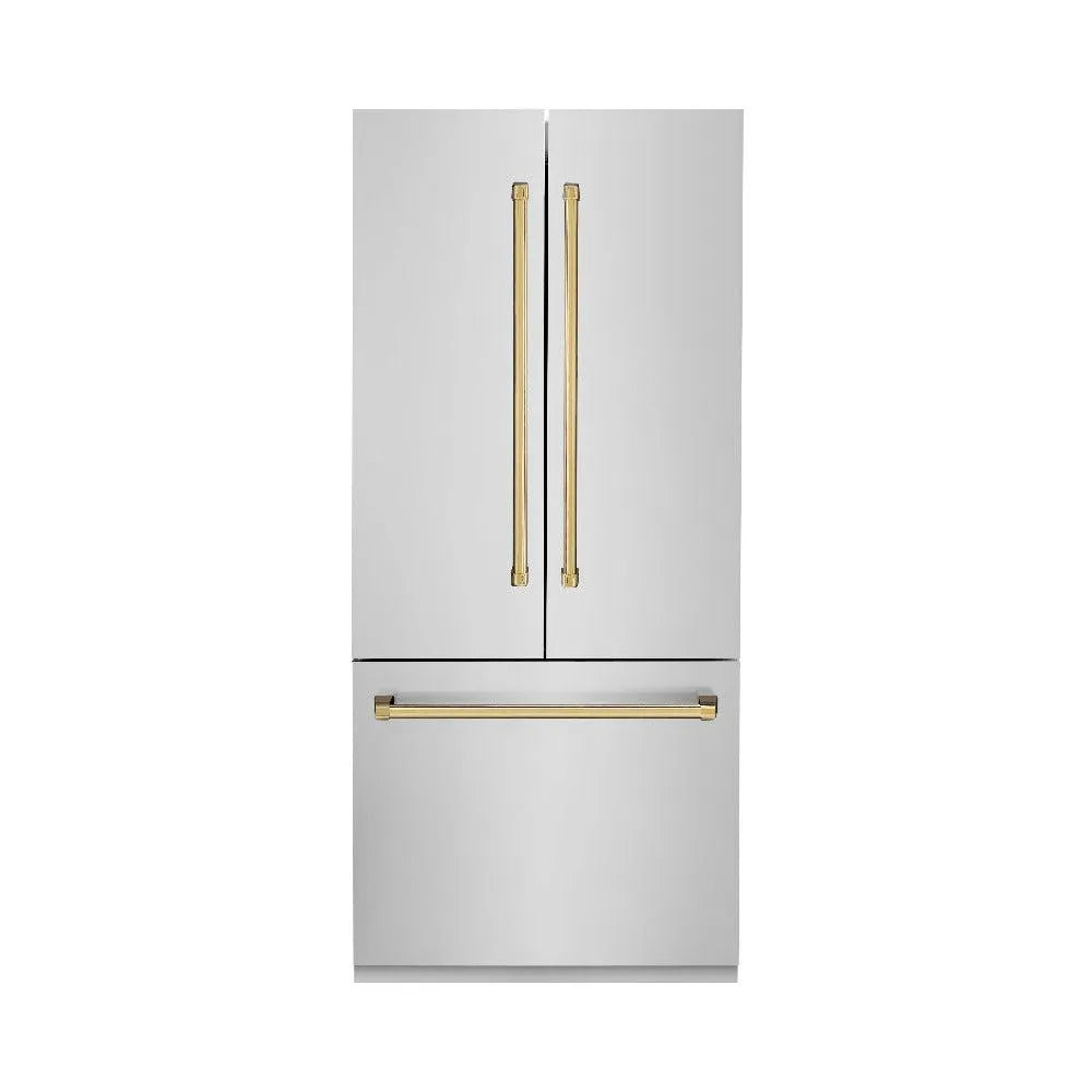 ZLINE Autograph Edition 36-inch refrigerator in stainless steel with bright white interior and polished gold accents RBIVZ-304-36-G