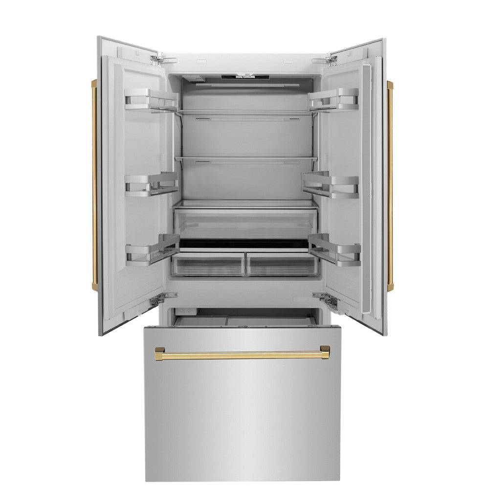 ZLINE Autograph Edition 36-inch refrigerator in stainless steel with bright white interior and polished gold accents RBIVZ-304-36-G, front view