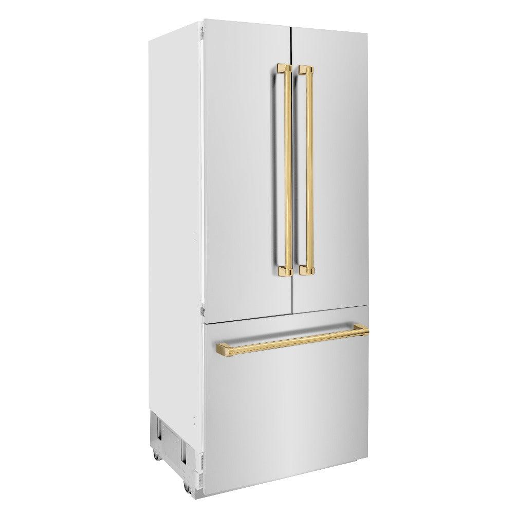 ZLINE Autograph Edition 36-inch refrigerator in stainless steel with bright white interior and polished gold accents RBIVZ-304-36-G, side view