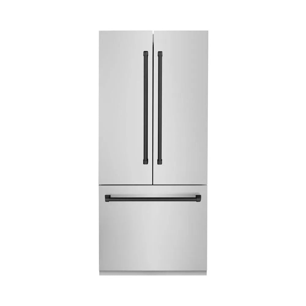 ZLINE Autograph Edition 36-inch refrigerator in stainless steel with bright white interior and matte black accents RBIVZ-304-36-MB