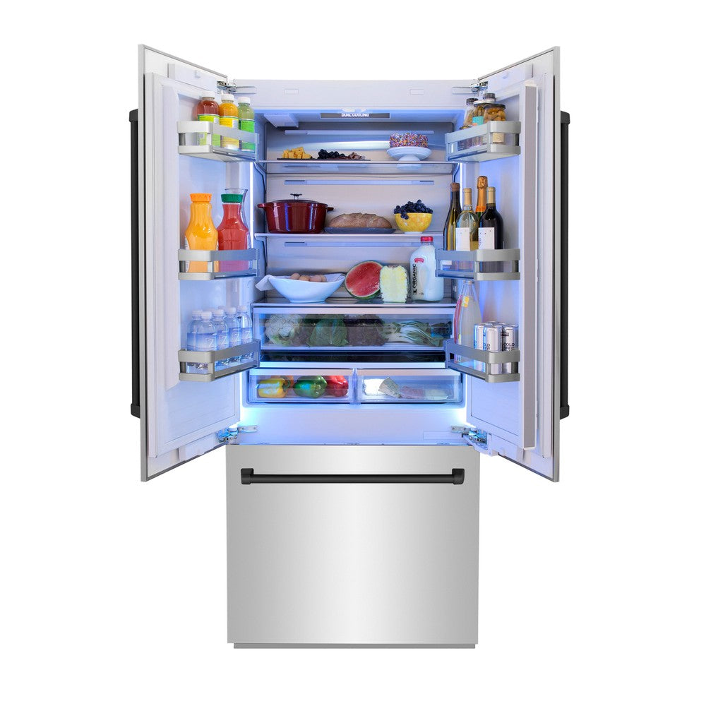 ZLINE Autograph Edition 36-inch refrigerator in stainless steel with bright white interior and matte black accents RBIVZ-304-36-MB, front view