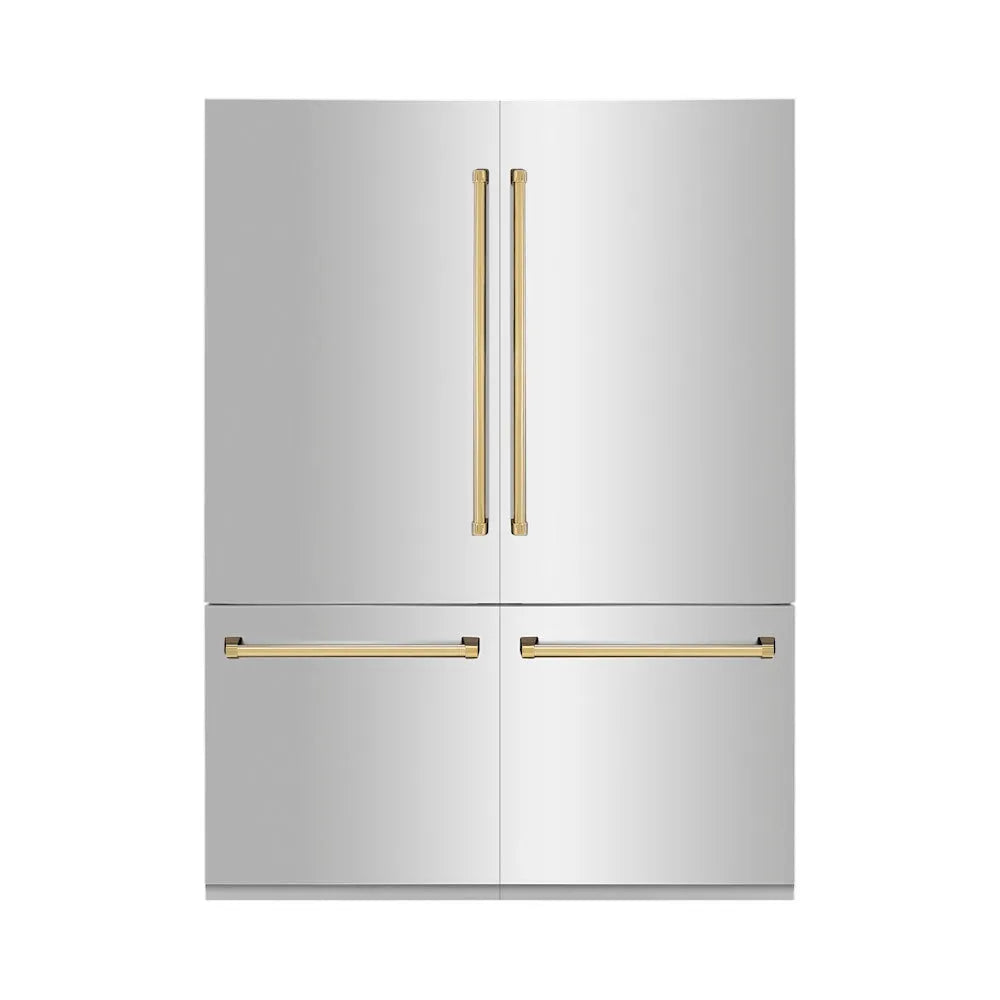 ZLINE Autograph Edition 60-inch refrigerator in stainless steel with bright white interior and polished gold accents RBIVZ-304-60-G