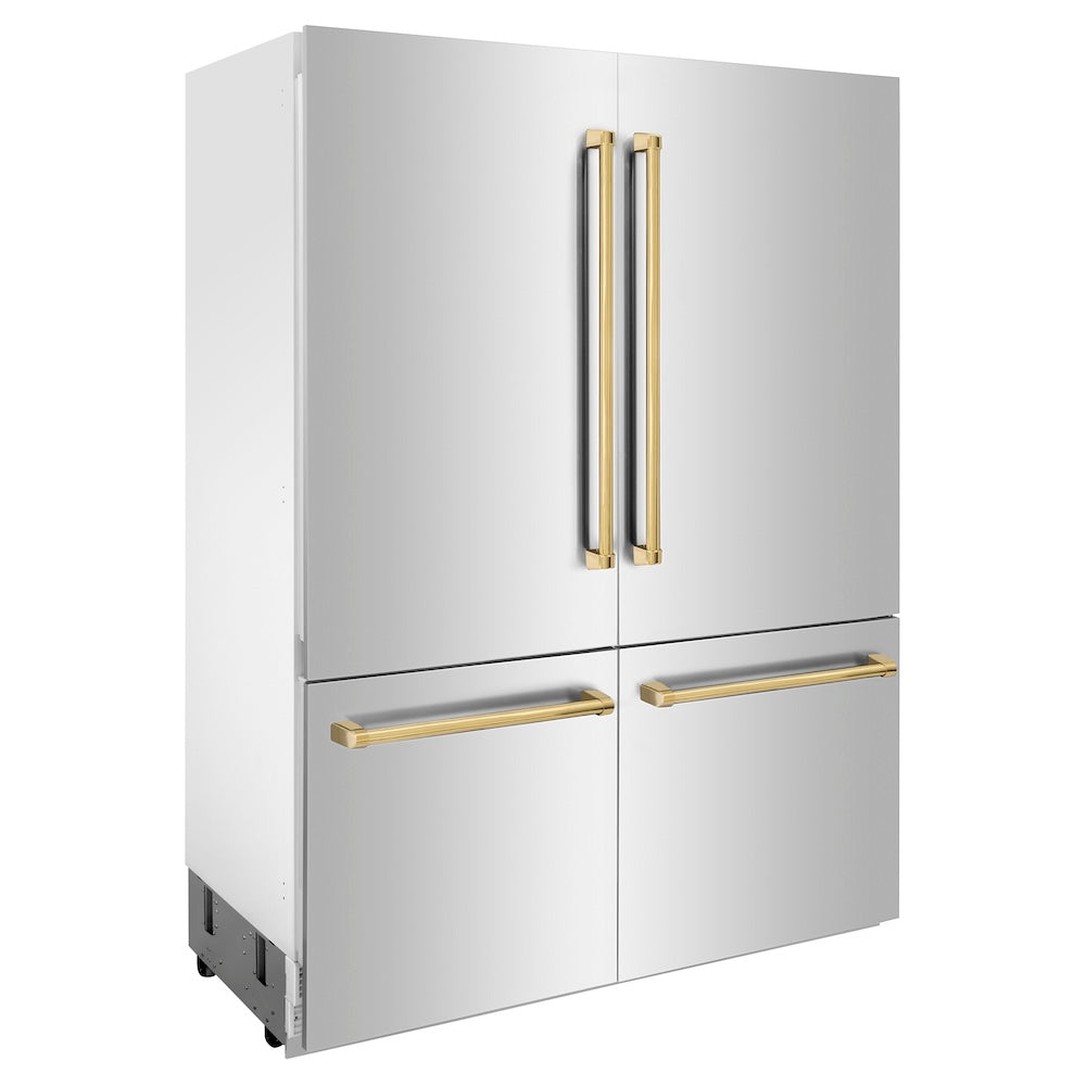 ZLINE Autograph Edition 60-inch refrigerator in stainless steel with bright white interior and polished gold accents RBIVZ-304-60-G, side view