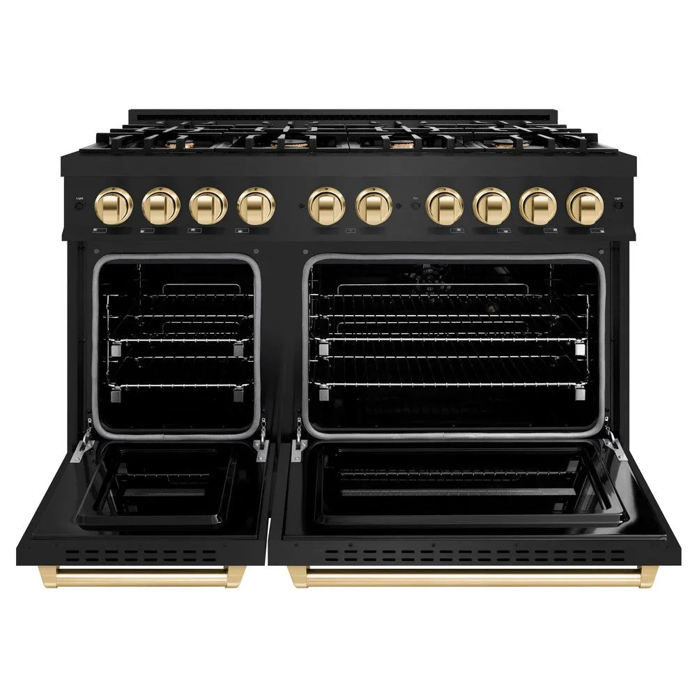 ZLINE Autograph Edition Classic 48-inch range in black stainless steel and polished gold accents CDRBZ-48-G, front view