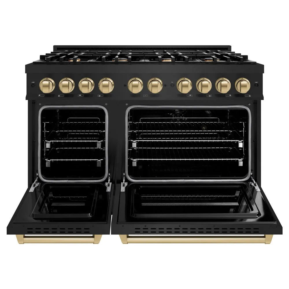 ZLINE Autograph Edition Classic 48-inch range in black stainless steel and champagne bronze accents CGRBZ-48-CB, front view