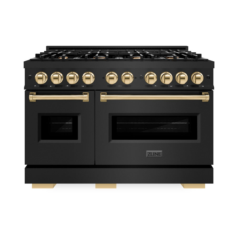 ZLINE Autograph Edition Classic 48-inch range in black stainless steel and polished gold accents CGRBZ-48-G, front view