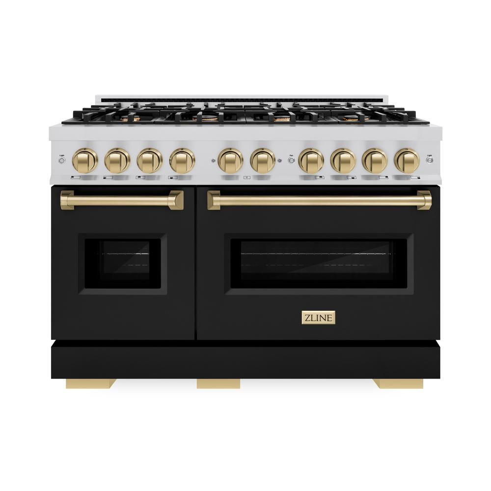 ZLINE Autograph Edition Classic 48-inch range in stainless steel with black matte door and champagne bronze accents CDRZ-BLM-48-CB, front view