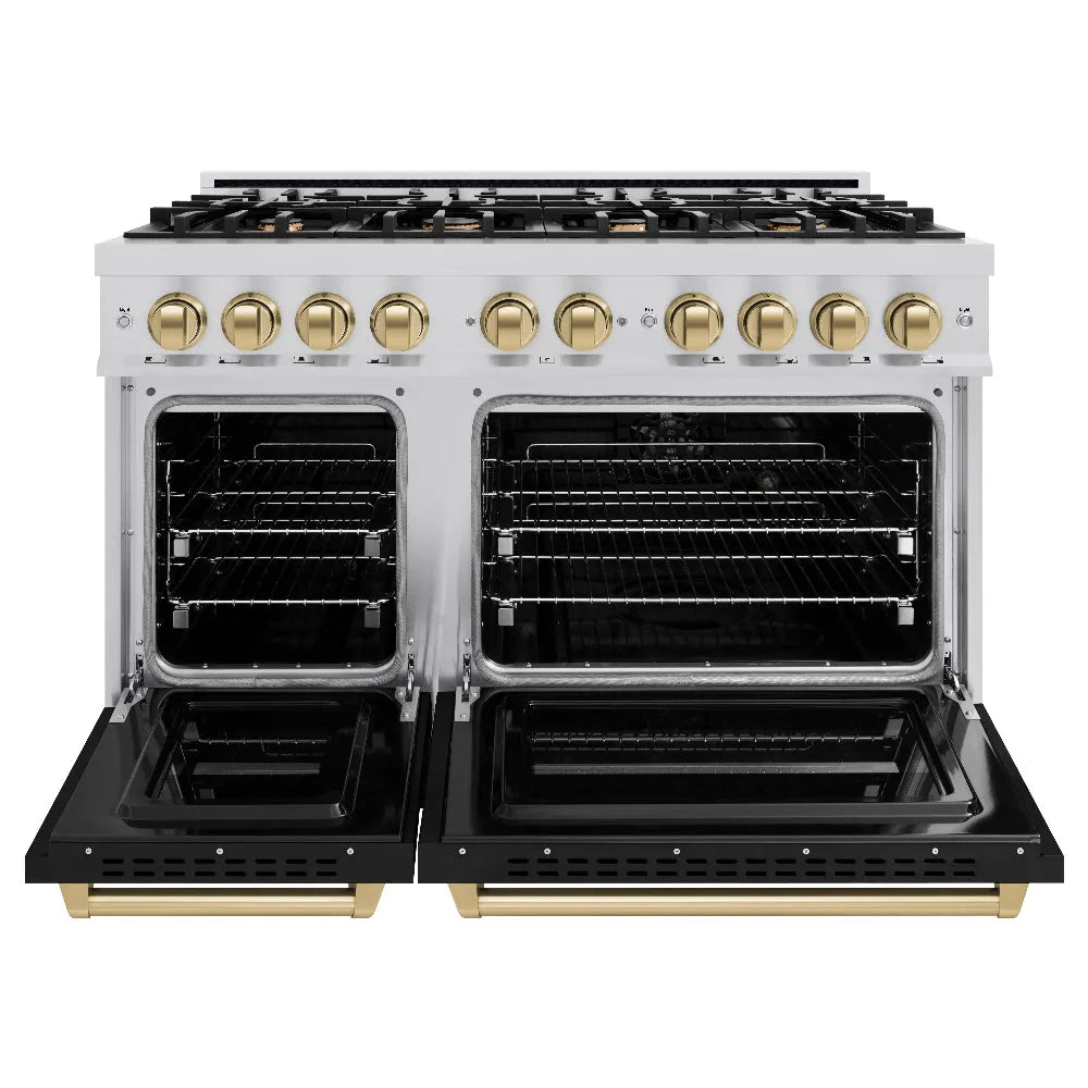 ZLINE Autograph Edition Classic 48-inch range in stainless steel with black matte door and champagne bronze accents CDRZ-BLM-48-CB, front view