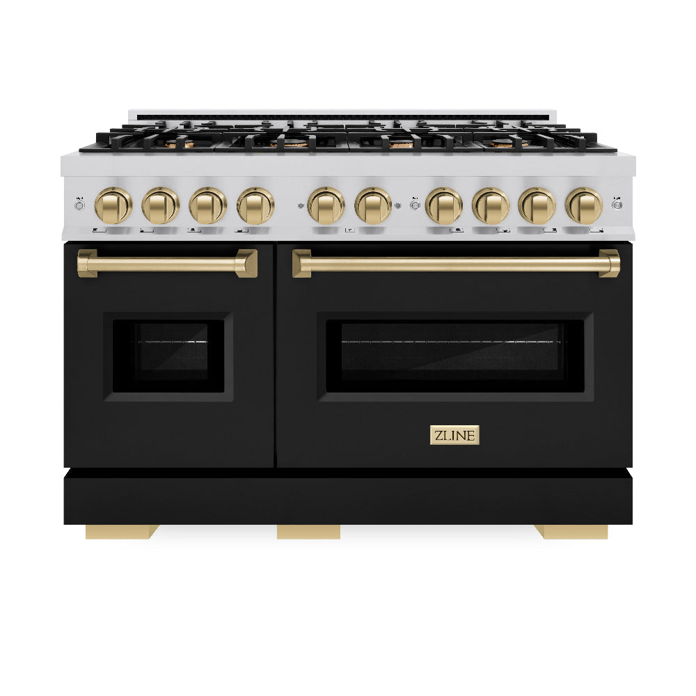 ZLINE Autograph Edition Classic 48-inch range in stainless steel with black matte door and champagne bronze accents CDRZ-BLM-48-CB, front view