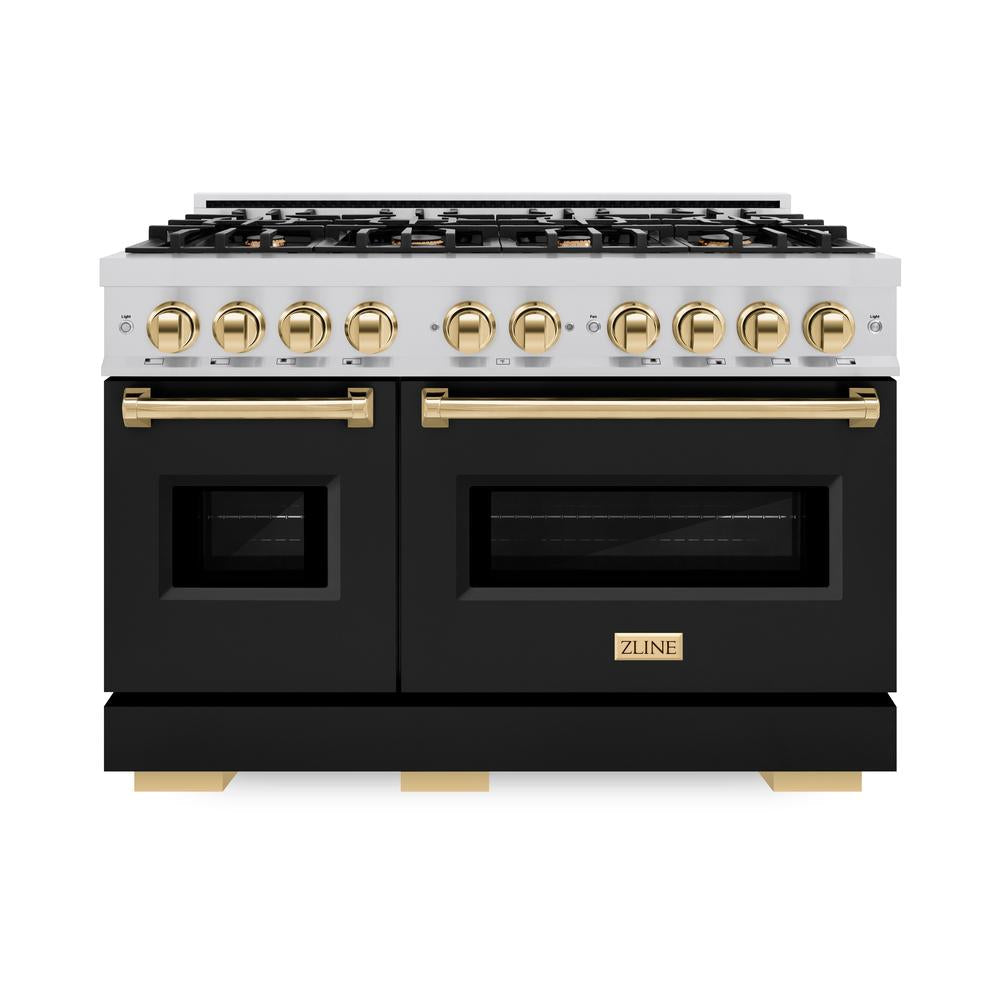 ZLINE Autograph Edition Classic 48-inch range in stainless steel with black matte door and polished gold accents CDRZ-BLM-48-G, front view