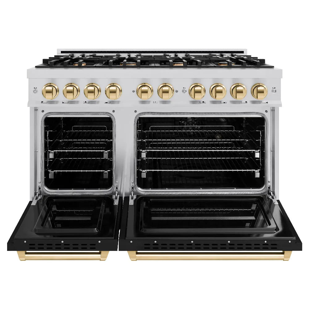 ZLINE Autograph Edition Classic 48-inch range in stainless steel with black matte door and polished gold accents CDRZ-BLM-48-G, front view