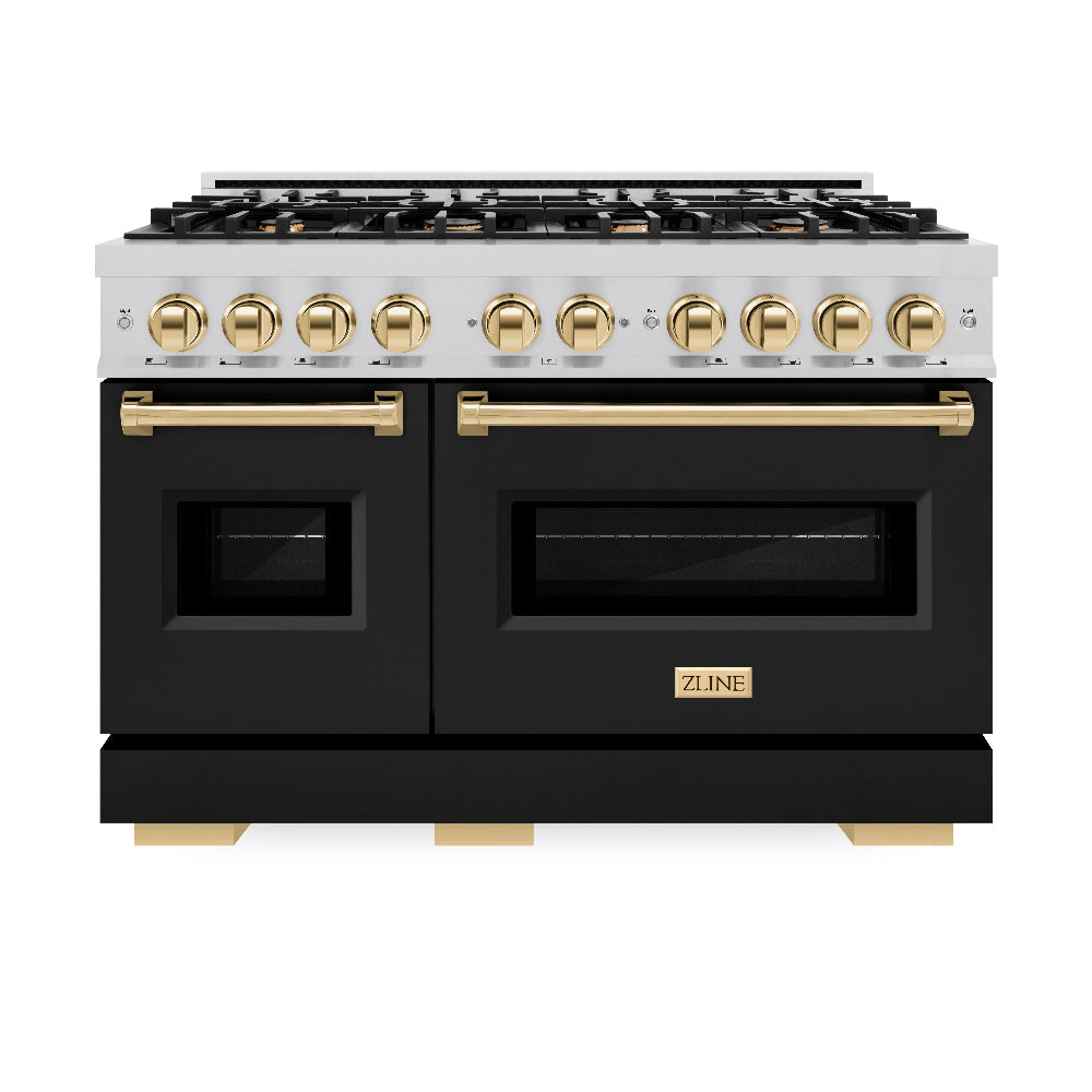 ZLINE Autograph Edition Classic 48-inch range in stainless steel with black matte door and polished gold accents CDRZ-BLM-48-G, front view