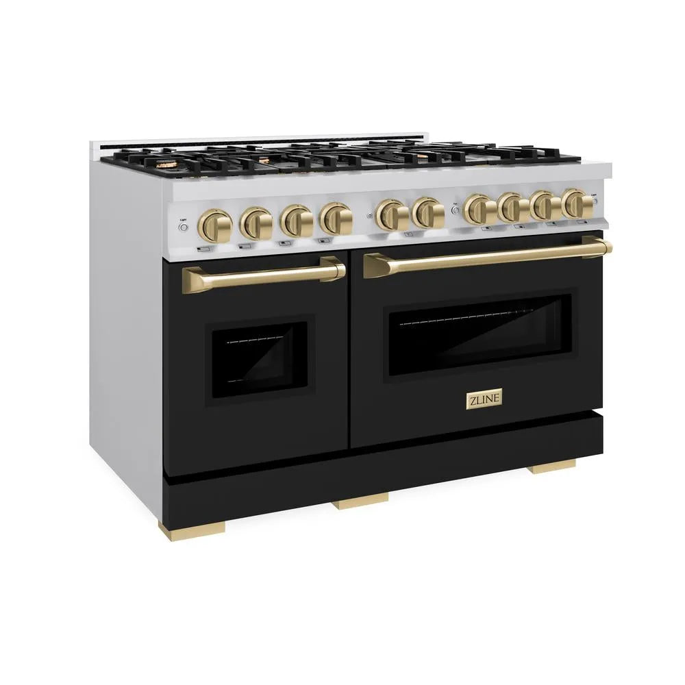 ZLINE Autograph Edition Classic 48-inch range in stainless steel with black matte door and champagne bronze accents CGRZ-BLM-48-CB