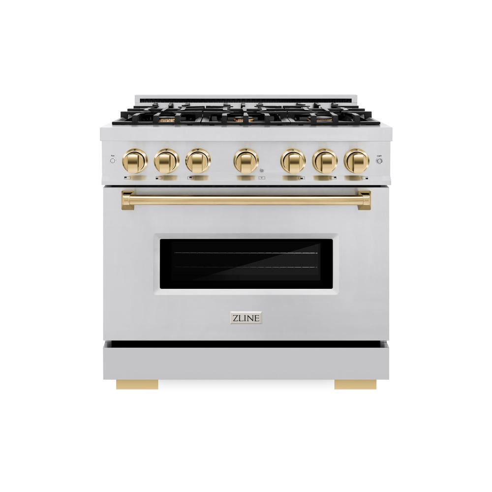 ZLINE Autograph Edition Classic 36-inch range in stainless steel and polished gold accents CDRZ-36-G, front view