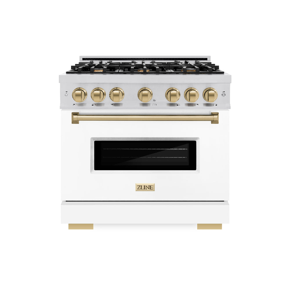 ZLINE Autograph Edition Classic 36-inch range in stainless steel with white matte door and champagne bronze accents CDRZ-WM-36-CB, front view