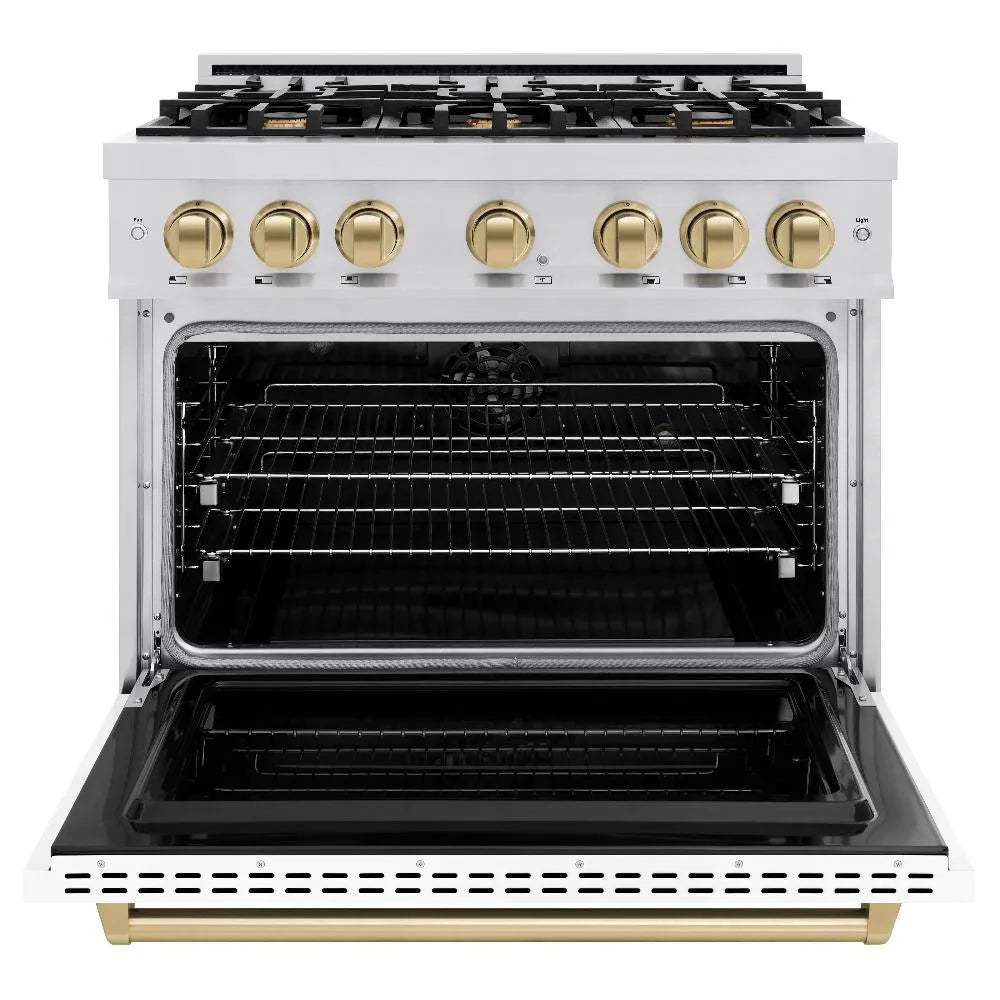 ZLINE Autograph Edition Classic 36-inch range in stainless steel with white matte door and champagne bronze accents CDRZ-WM-36-CB, front view