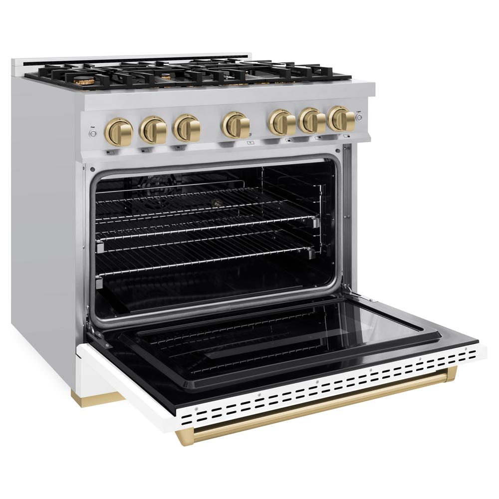 ZLINE Autograph Edition Classic 36-inch range in stainless steel with white matte door and champagne bronze accents CDRZ-WM-36-CB, door open