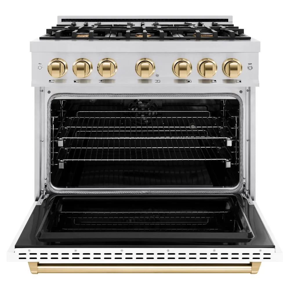 ZLINE Autograph Edition Classic 36-inch range in stainless steel with white matte door and polished gold accents CDRZ-WM-36-G, front view