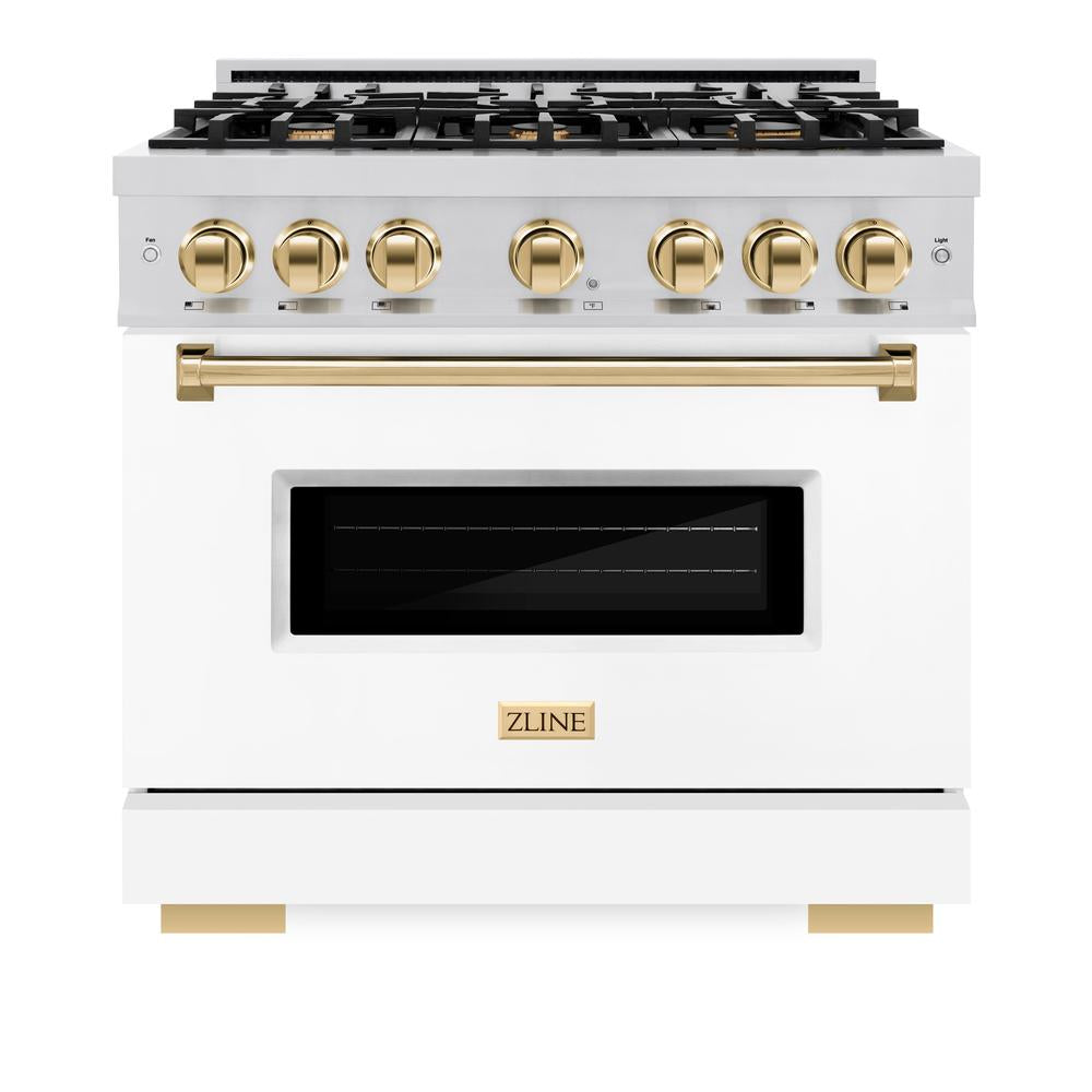 ZLINE Autograph Edition Classic 36-inch range in stainless steel with white matte door and polished gold accents CDRZ-WM-36-G, front view