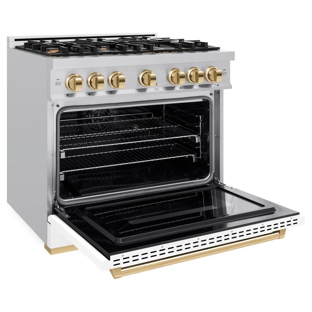 ZLINE Autograph Edition Classic 36-inch range in stainless steel with white matte door and polished gold accents CDRZ-WM-36-G, door open