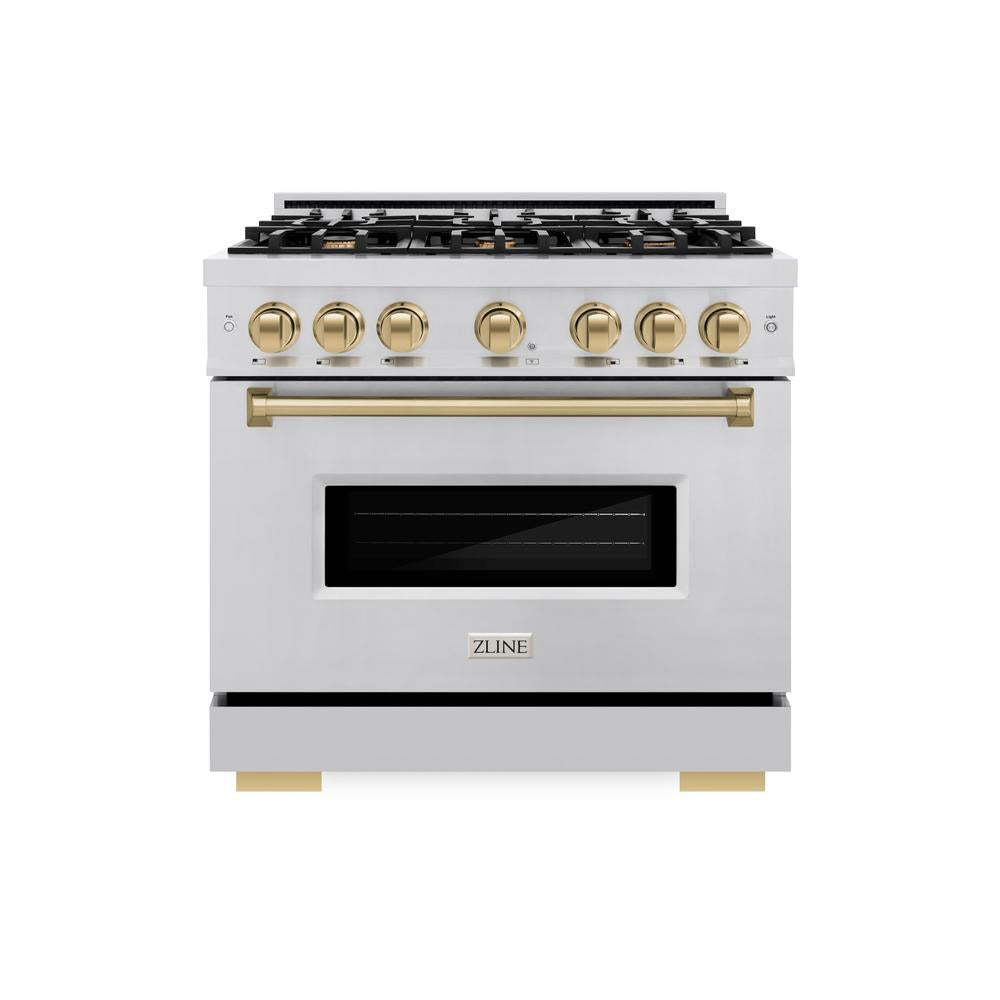 ZLINE Autograph Edition Classic 36-inch range in stainless steel and champagne bronze accents CGRZ-36-CB, front view