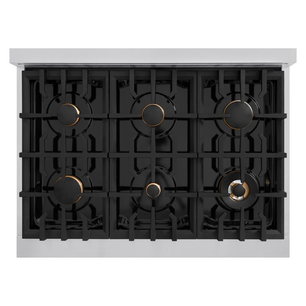 ZLINE Autograph Edition Classic 36-inch range in stainless steel with white matte door and polished gold accents CGRZ-WM-36-G, from above