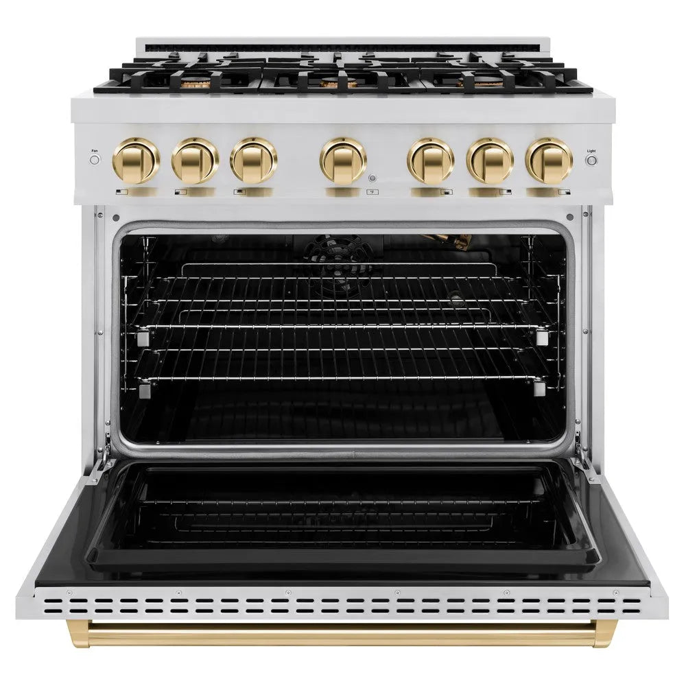 ZLINE Autograph Edition Classic 36-inch range in stainless steel and polished gold accents CGRZ-36-G, front view