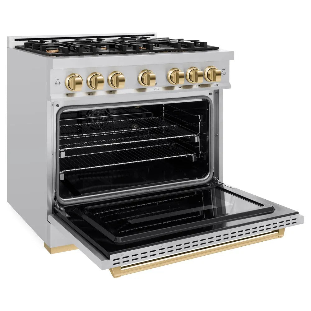 ZLINE Autograph Edition Classic 36-inch range in stainless steel and polished gold accents CGRZ-36-G, door open