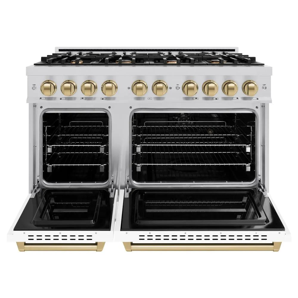 ZLINE Autograph Edition Classic 48-inch range in stainless steel with white matte door and champagne bronze accents CGRZ-WM-48-CB, front view
