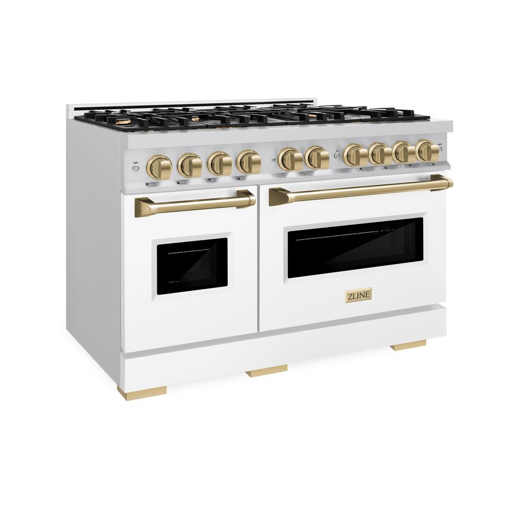 ZLINE Autograph Edition Classic 48-inch range in stainless steel with white matte door and champagne bronze accents CGRZ-WM-48-CB