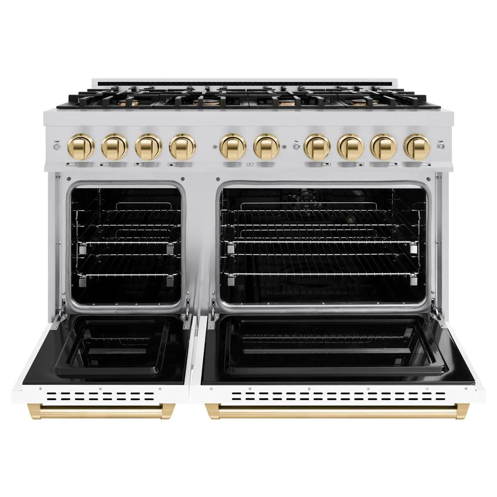 ZLINE Autograph Edition Classic 48-inch range in stainless steel with white matte door and polished gold accents CGRZ-WM-48-G, front view