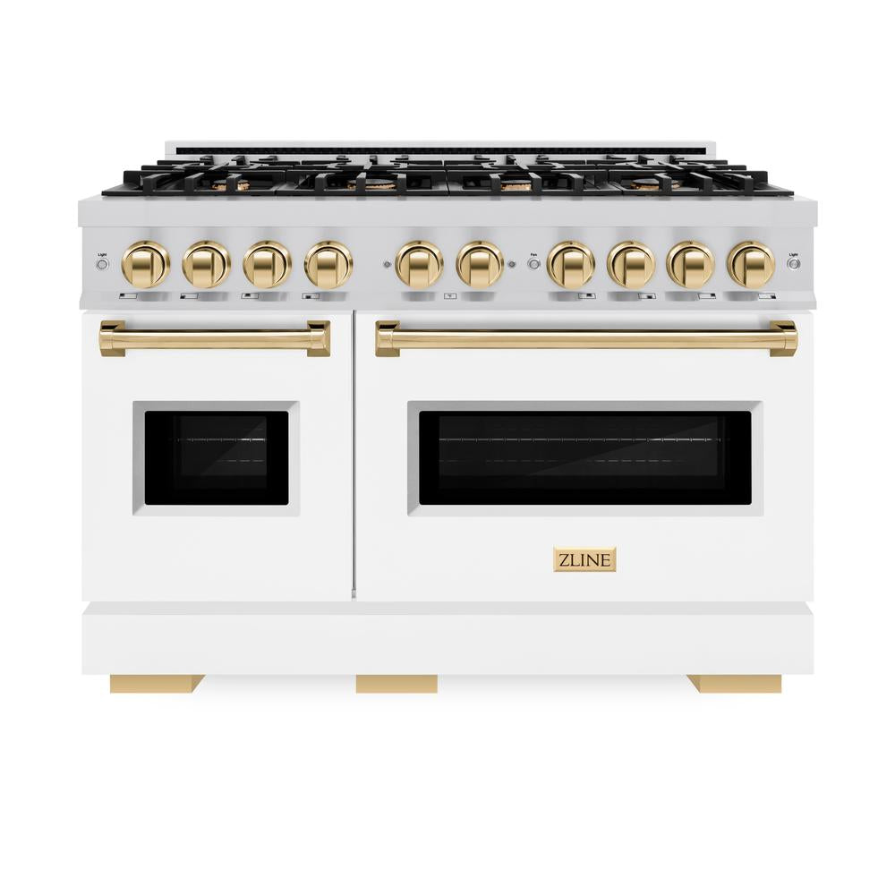 ZLINE Autograph Edition Classic 48-inch range in stainless steel with white matte door and polished gold accents CGRZ-WM-48-G, front view