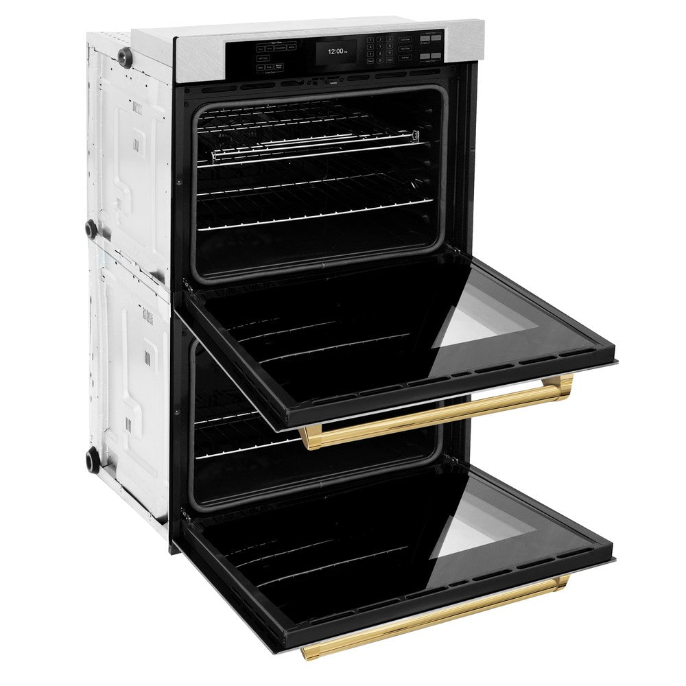 ZLINE Autograph Edition Professional 30-inch wall oven in stainless steel and polished gold accents WADZ-30-G, door open