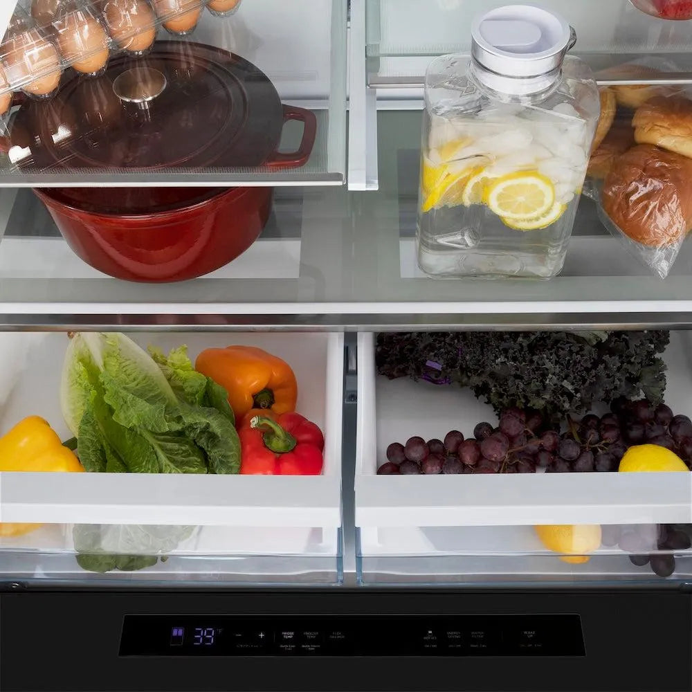 ZLINE Autograph Edition 36-inch refrigerator in fingerprint-resistant black stainless steel with bright white interior and polished gold accents RFMZ-36-BS-FG, detail