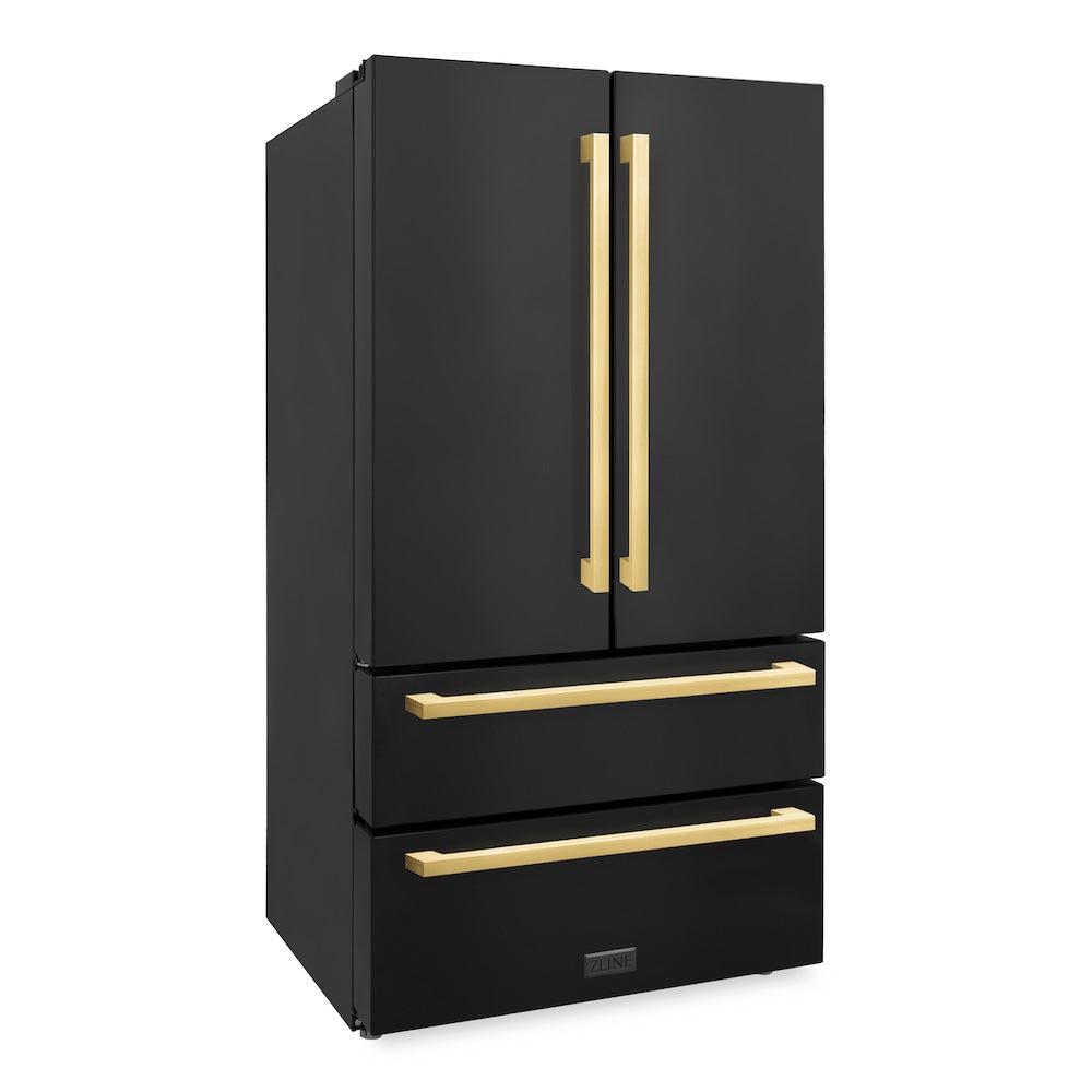 ZLINE Autograph Edition 36-inch refrigerator in fingerprint-resistant black stainless steel with bright white interior and polished gold accents RFMZ-36-BS-FG, side view