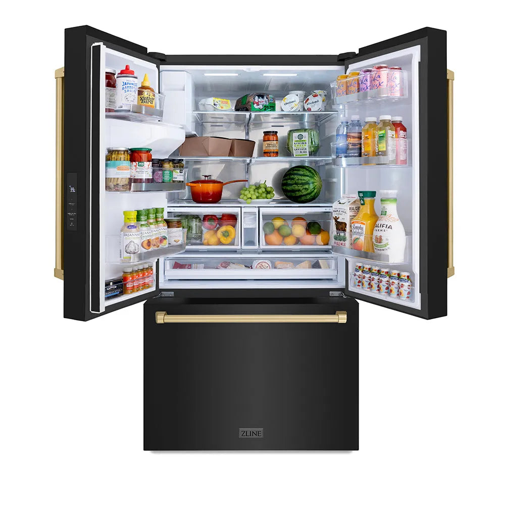 ZLINE Autograph Edition 36-inch refrigerator in fingerprint-resistant black stainless steel with bright white interior and champagne bronze accents RSMZ-W-36-BS-CB, front view