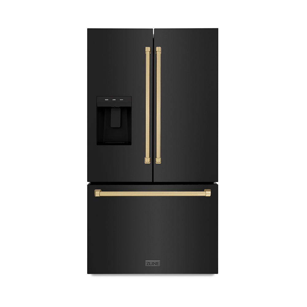 ZLINE Autograph Edition 36-inch refrigerator in fingerprint-resistant black stainless steel with bright white interior and champagne bronze accents RSMZ-W-36-BS-CB, front view