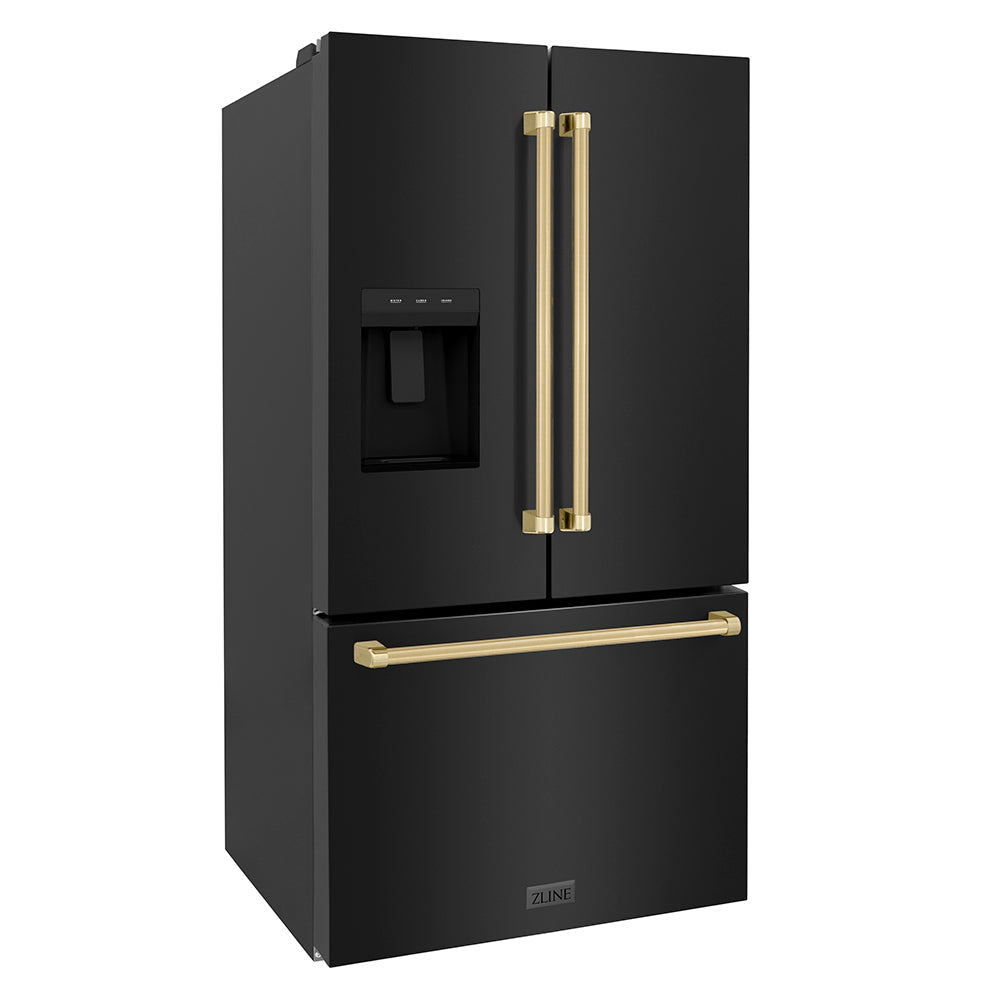ZLINE Autograph Edition 36-inch refrigerator in fingerprint-resistant black stainless steel with bright white interior and champagne bronze accents RSMZ-W-36-BS-CB, side view