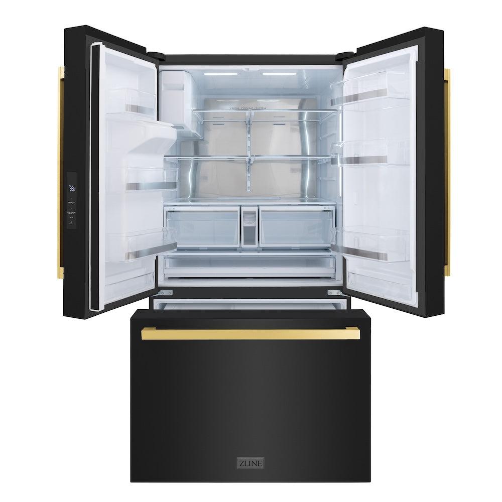 ZLINE Autograph Edition 36-inch refrigerator in fingerprint-resistant black stainless steel with bright white interior and polished gold accents RSMZ-W-36-BS-FG, front view
