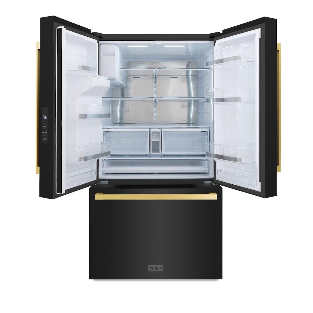 ZLINE Autograph Edition 36-inch refrigerator in fingerprint-resistant black stainless steel with bright white interior and polished gold accents RSMZ-W-36-BS-FG, front view