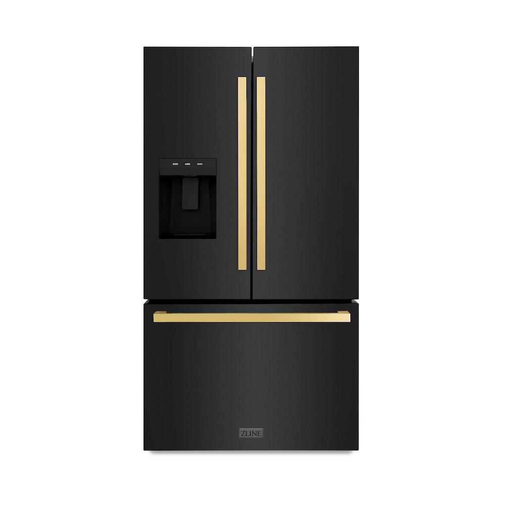 ZLINE Autograph Edition 36-inch refrigerator in fingerprint-resistant black stainless steel with bright white interior and polished gold accents RSMZ-W-36-BS-FG, front view