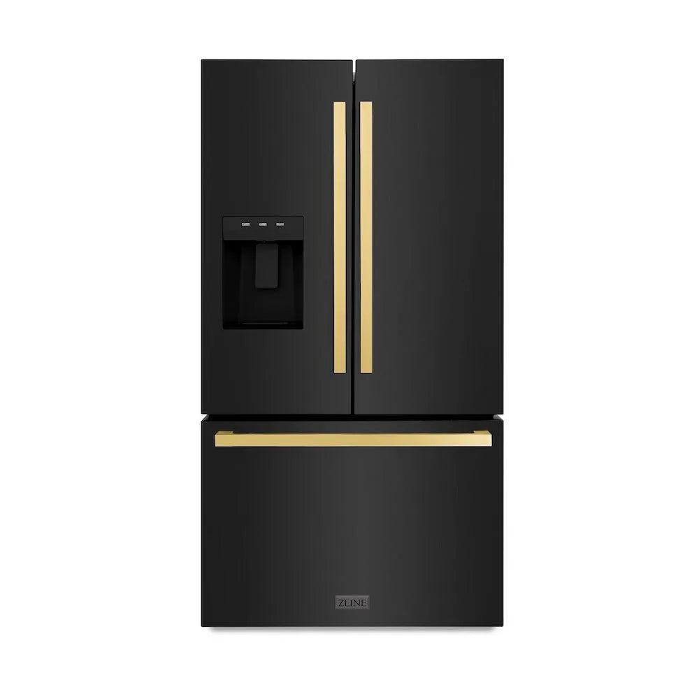 ZLINE Autograph Edition 36-inch refrigerator in fingerprint-resistant black stainless steel with bright white interior and polished gold accents RSMZ-W-36-BS-FG