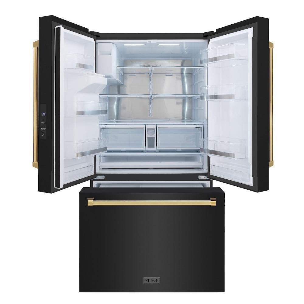 ZLINE Autograph Edition 36-inch refrigerator in fingerprint-resistant black stainless steel with bright white interior and polished gold accents RSMZ-W-36-BS-G, front view