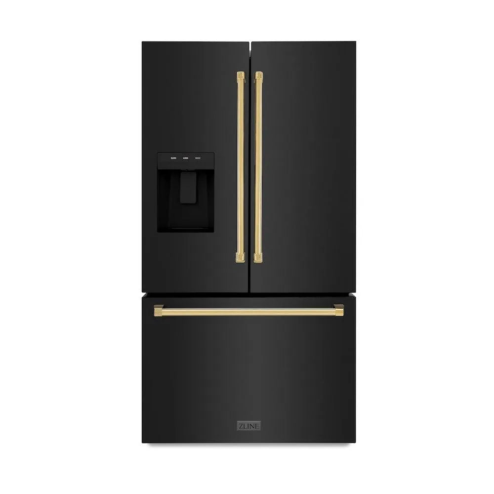ZLINE Autograph Edition 36-inch refrigerator in fingerprint-resistant black stainless steel with bright white interior and polished gold accents RSMZ-W-36-BS-G
