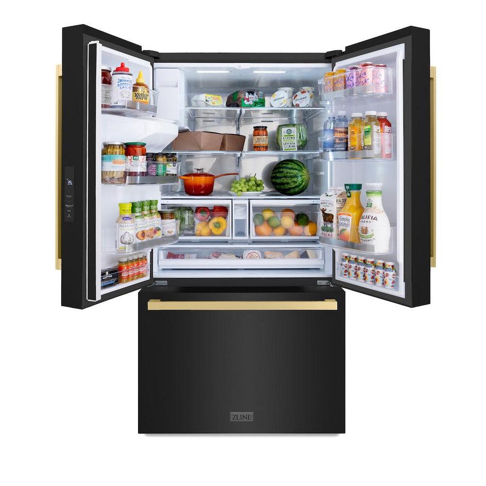 ZLINE Autograph Edition 36-inch refrigerator in fingerprint-resistant black stainless steel with bright white interior and champagne bronze accents RSMZ-W36-BS-FCB, front view