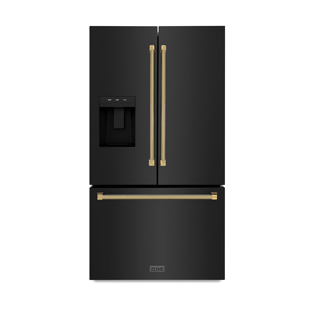 ZLINE Autograph Edition 36-inch refrigerator in fingerprint-resistant black stainless steel with bright white interior and polished gold accents RSMZ-W-36-BS-KG