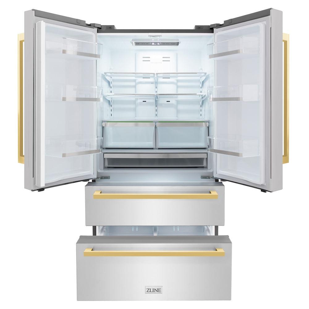 ZLINE Autograph Edition 36-inch refrigerator in fingerprint-resistant stainless steel with bright white interior and polished gold accents RFMZ-36-FG, front view
