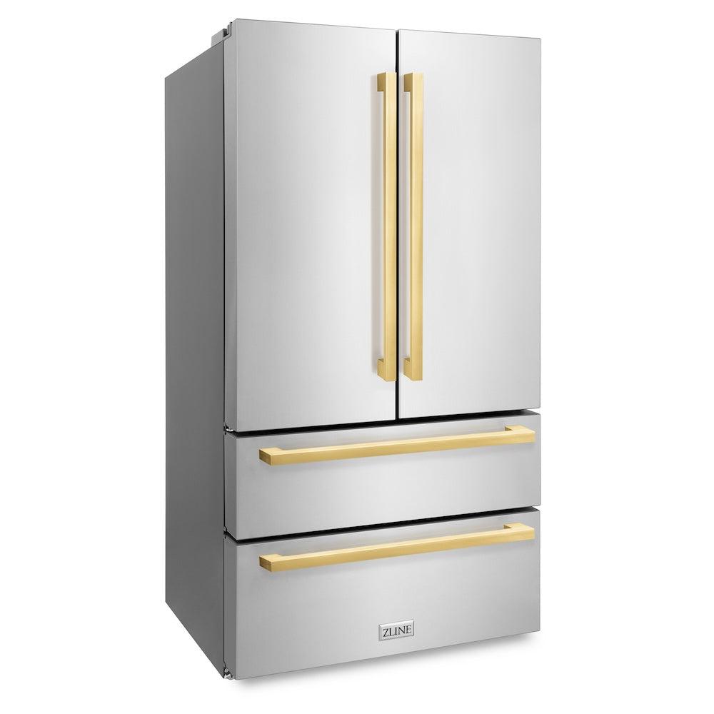 ZLINE Autograph Edition 36-inch refrigerator in fingerprint-resistant stainless steel with bright white interior and polished gold accents RFMZ-36-FG, side view